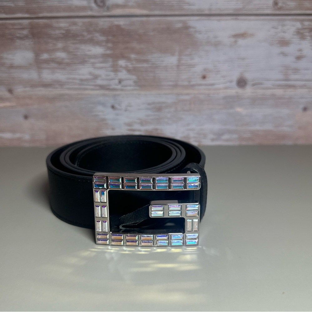 Gorgeous Gucci Black Leather Belt with Iridescent Crystal Buckle. - Picture 7 of 11